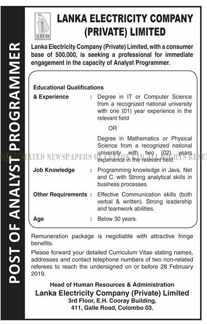 Analyst Programmer - Lanka Electricity Company (Private) Limited